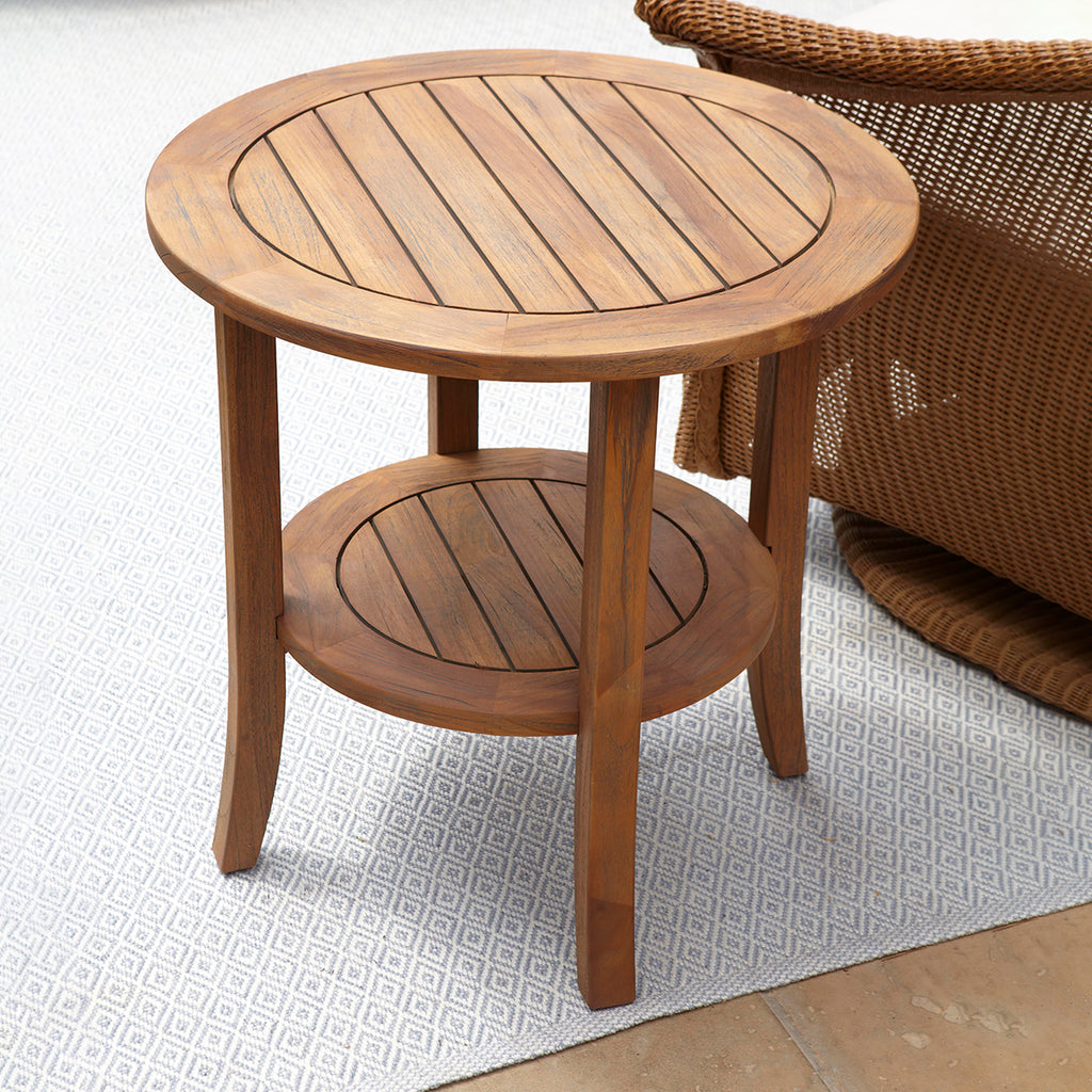 Lloyd Flanders Teak 24" Round Tapered Leg End Table with Shelf in Antique Gray Finish