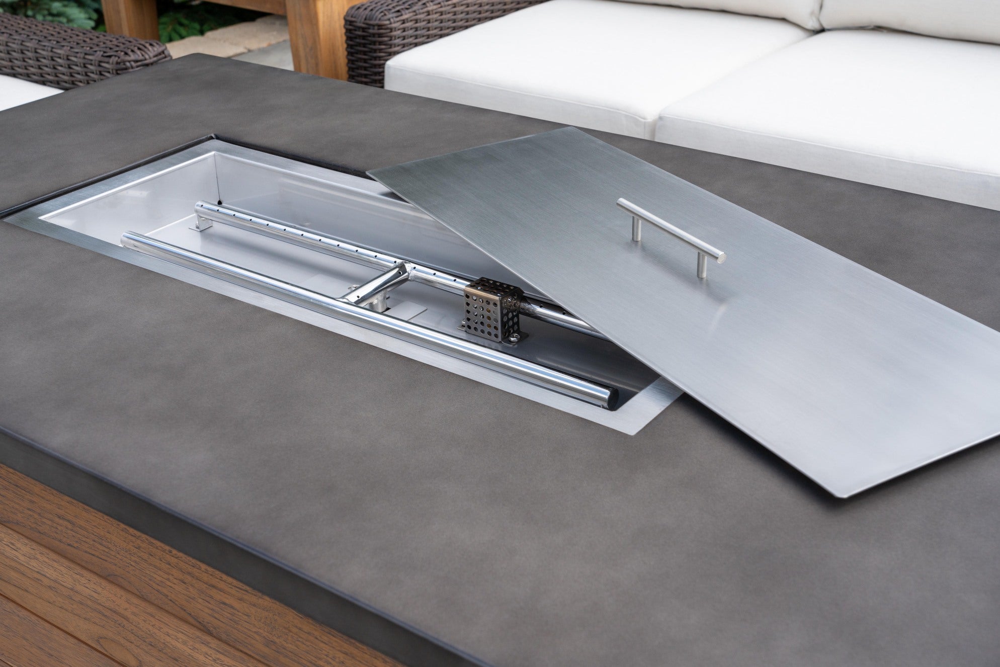 Lloyd Flanders Teak 52" Rect. Fire Table with Faux Concrete Top in Antique Gray Finish