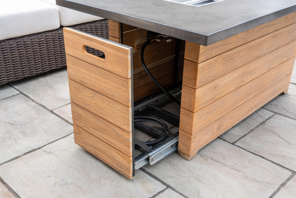 Lloyd Flanders Teak 52" Rect. Fire Table with Faux Concrete Top in Antique Gray Finish