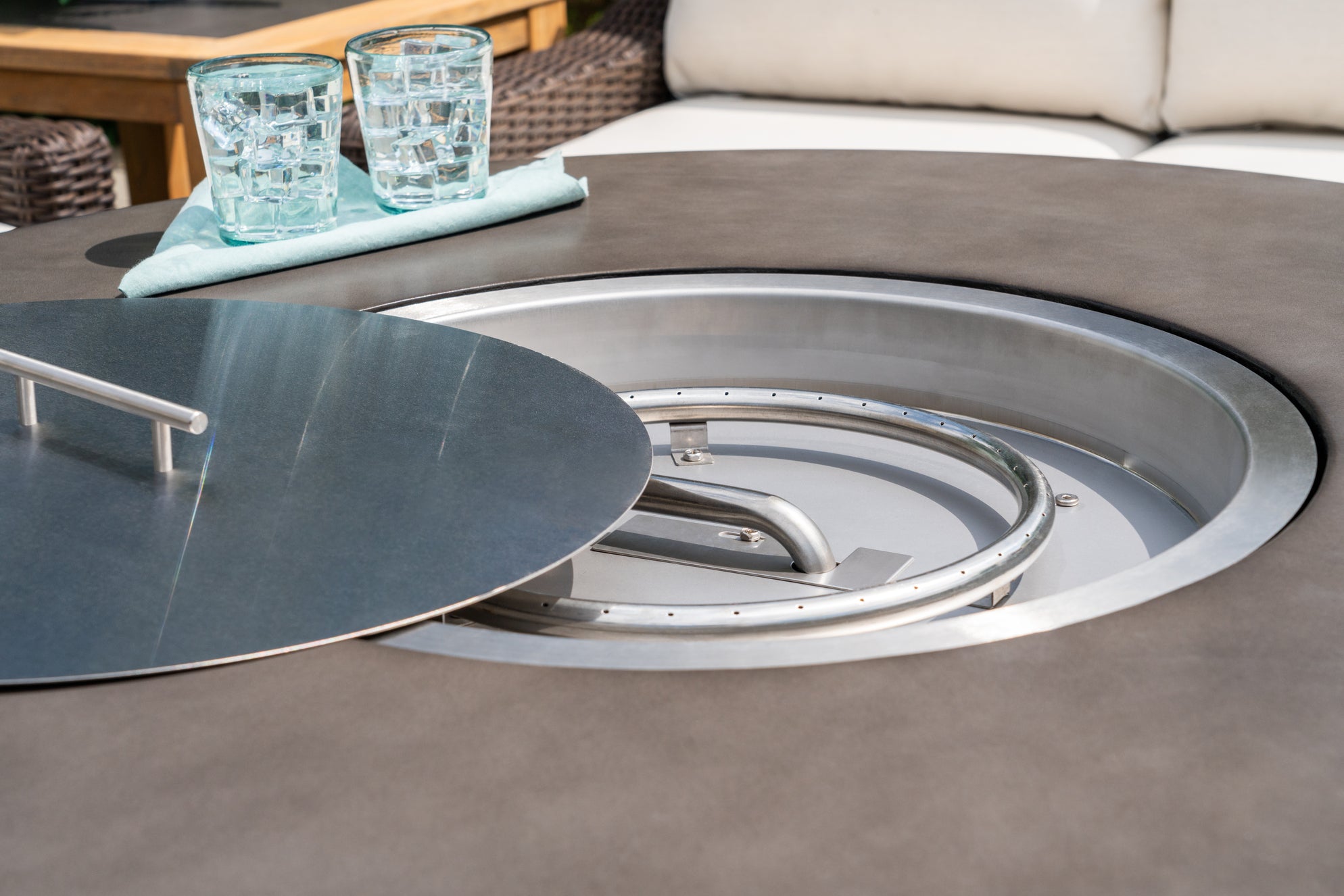 Lloyd Flanders Teak 48" Hexagonal Fire Table with Faux Concrete Top in Antique Gray Finish