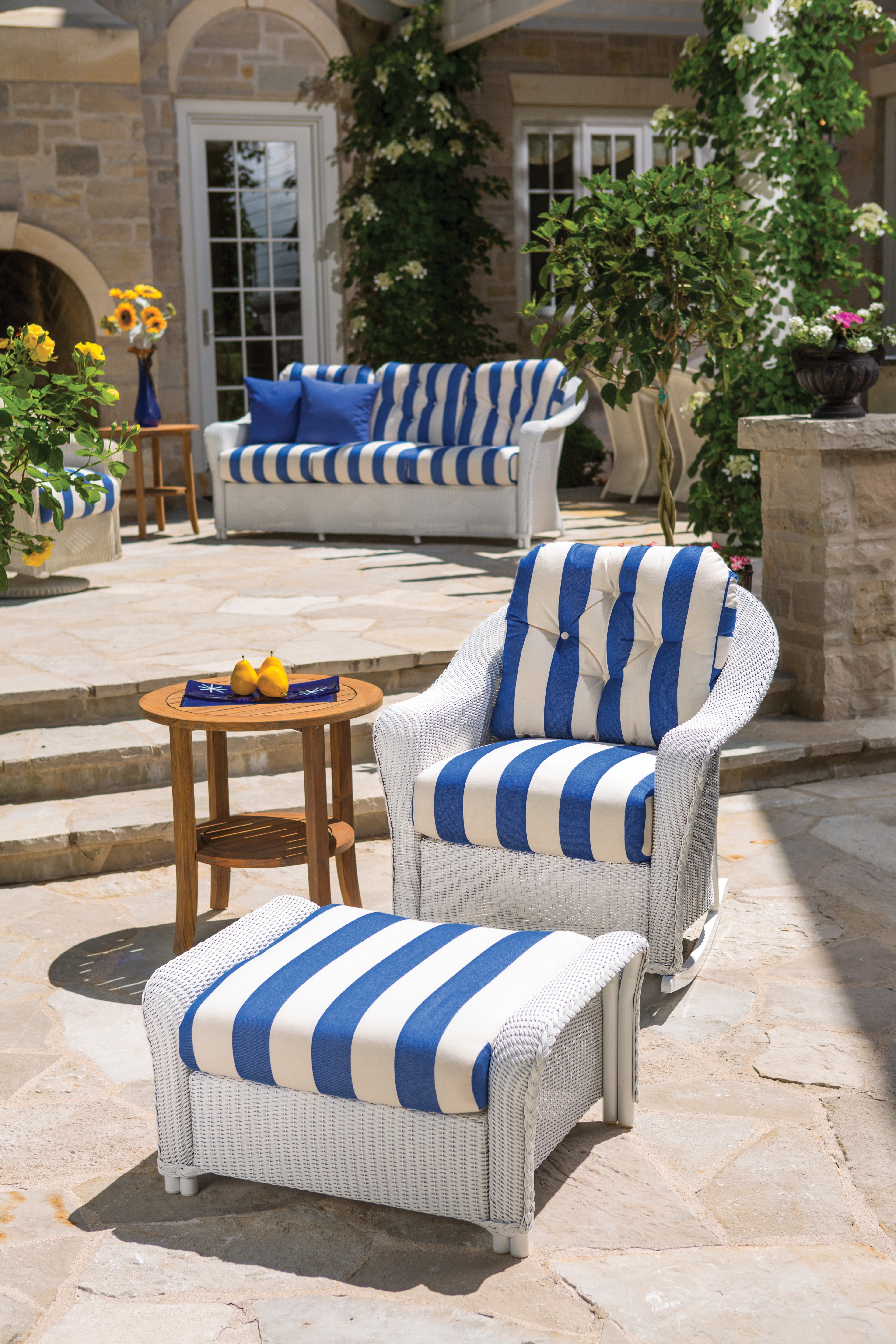 Lloyd Flanders Teak Loom Back Teak Dining Armchair with Loveboat Saffron fabric