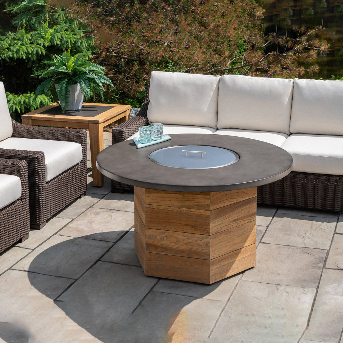 Lloyd Flanders Teak 48" Hexagonal Fire Table with Faux Concrete Top in Antique Gray Finish