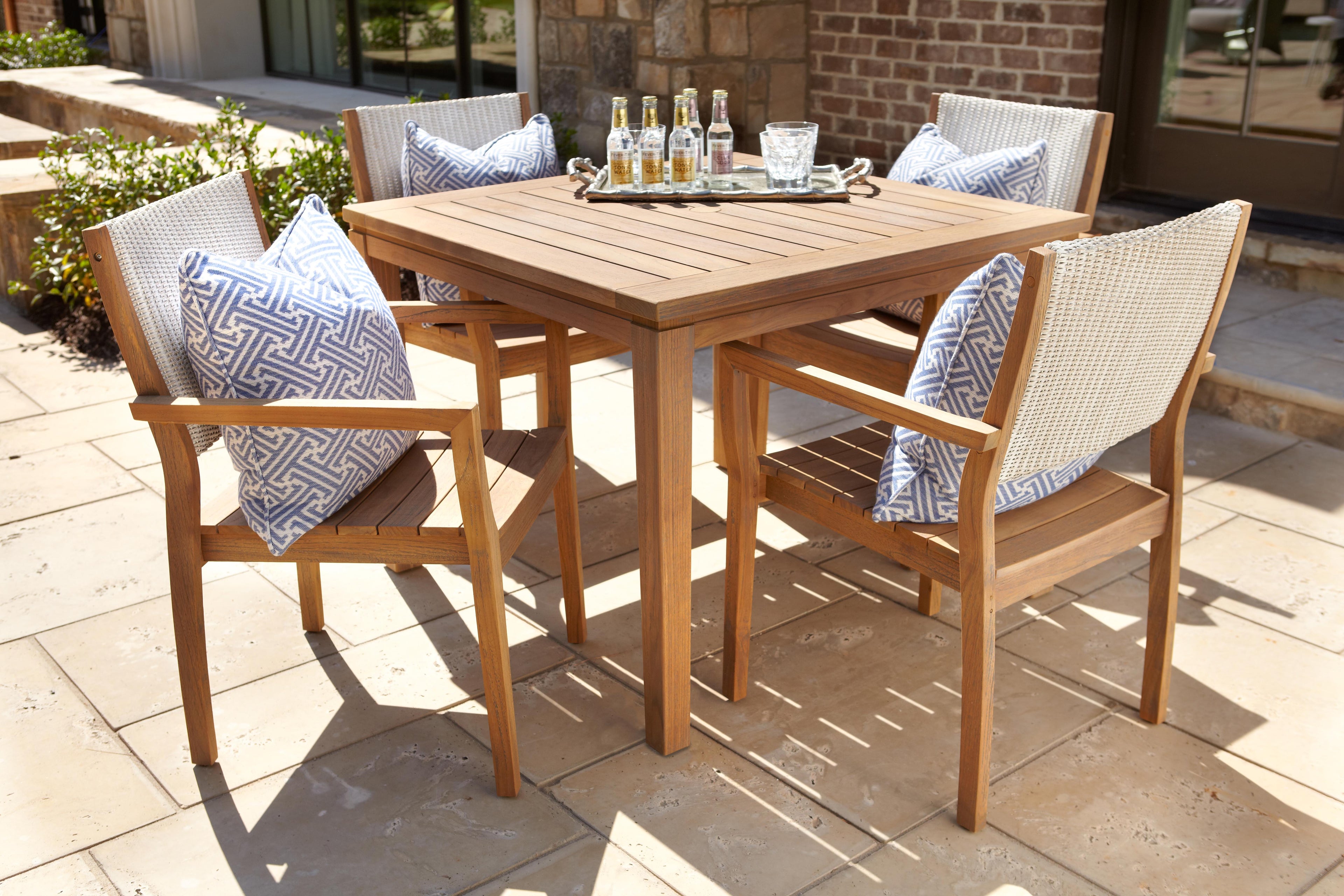 Lloyd Flanders Teak Loom Back Teak Dining Armchair with Friendly Natural fabric