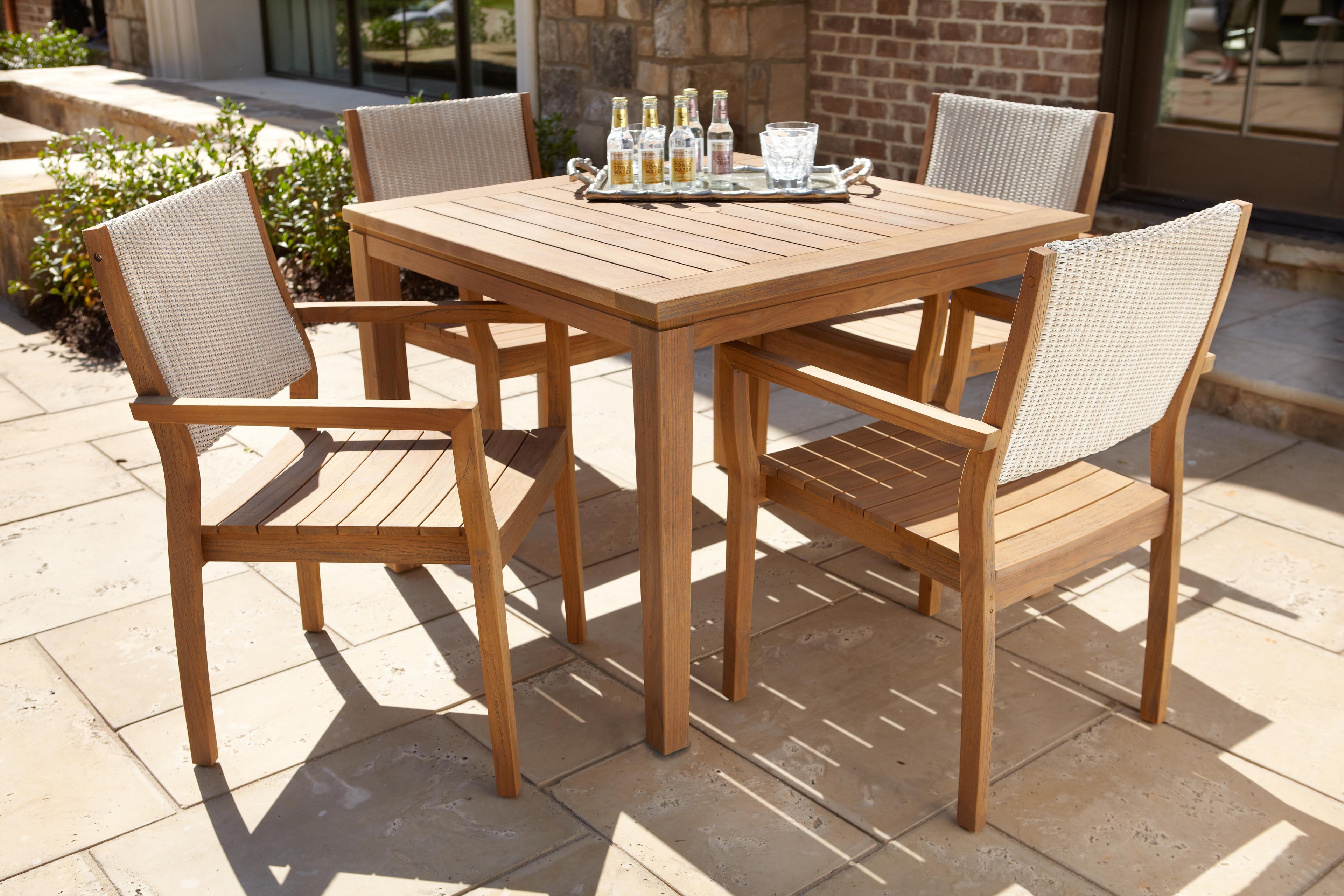 Lloyd Flanders Teak Loom Back Teak Dining Armchairish with Fife Sahara fabric