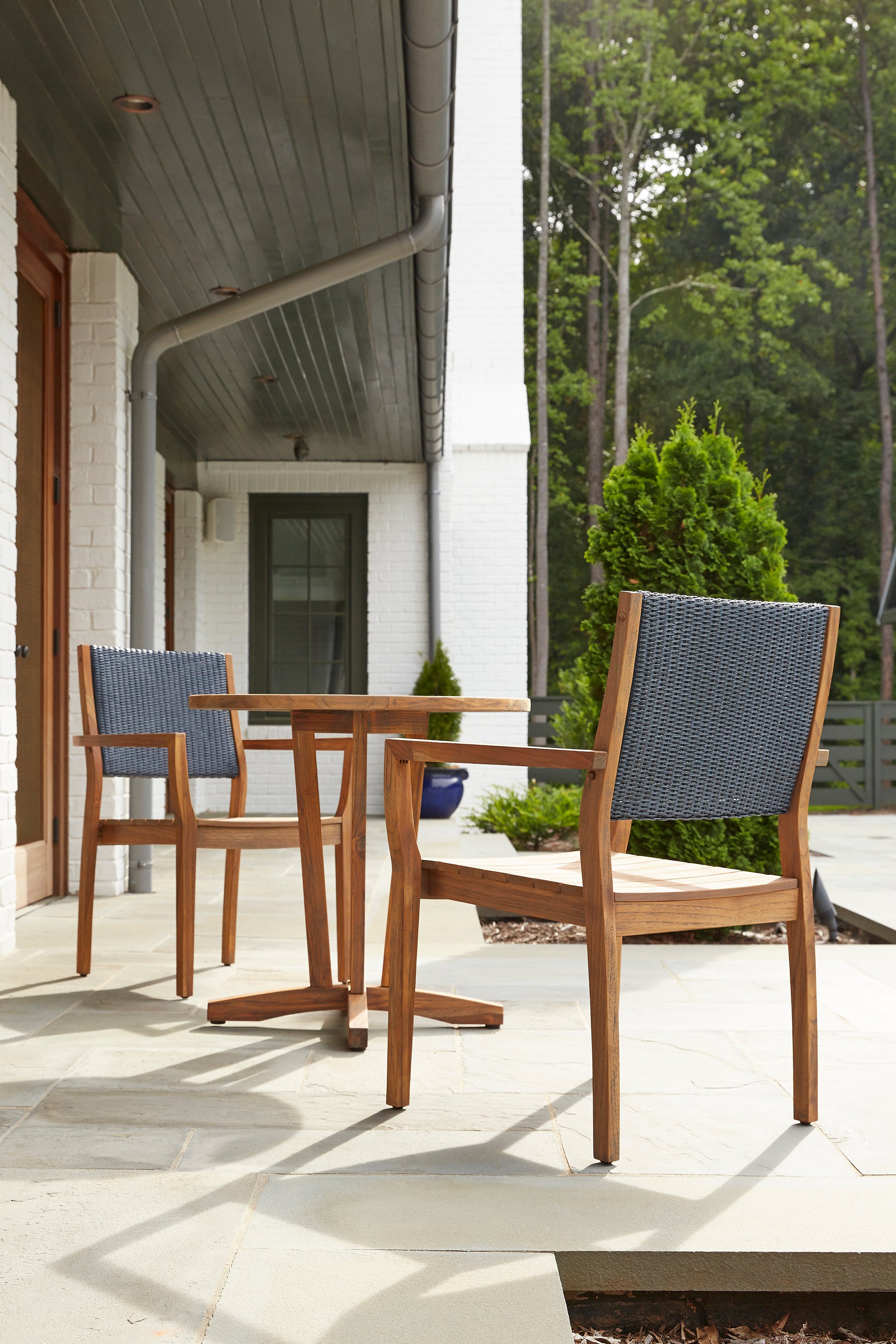 Lloyd Flanders Teak Loom Back Dining Armchair with Hansen Sky Fabric