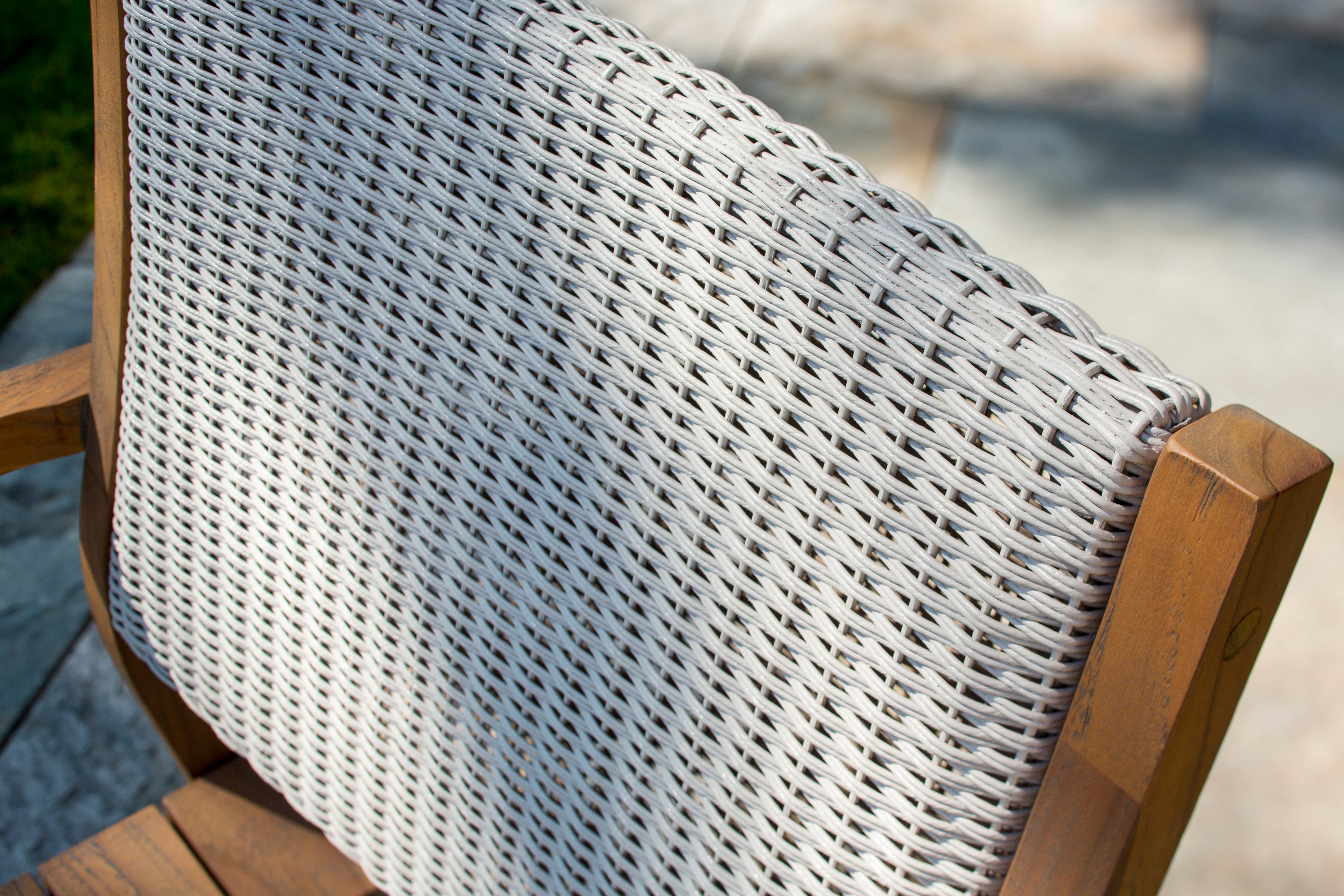 Lloyd Flanders Teak Loom Back Teak Dining Armchair with Luna Mist fabric