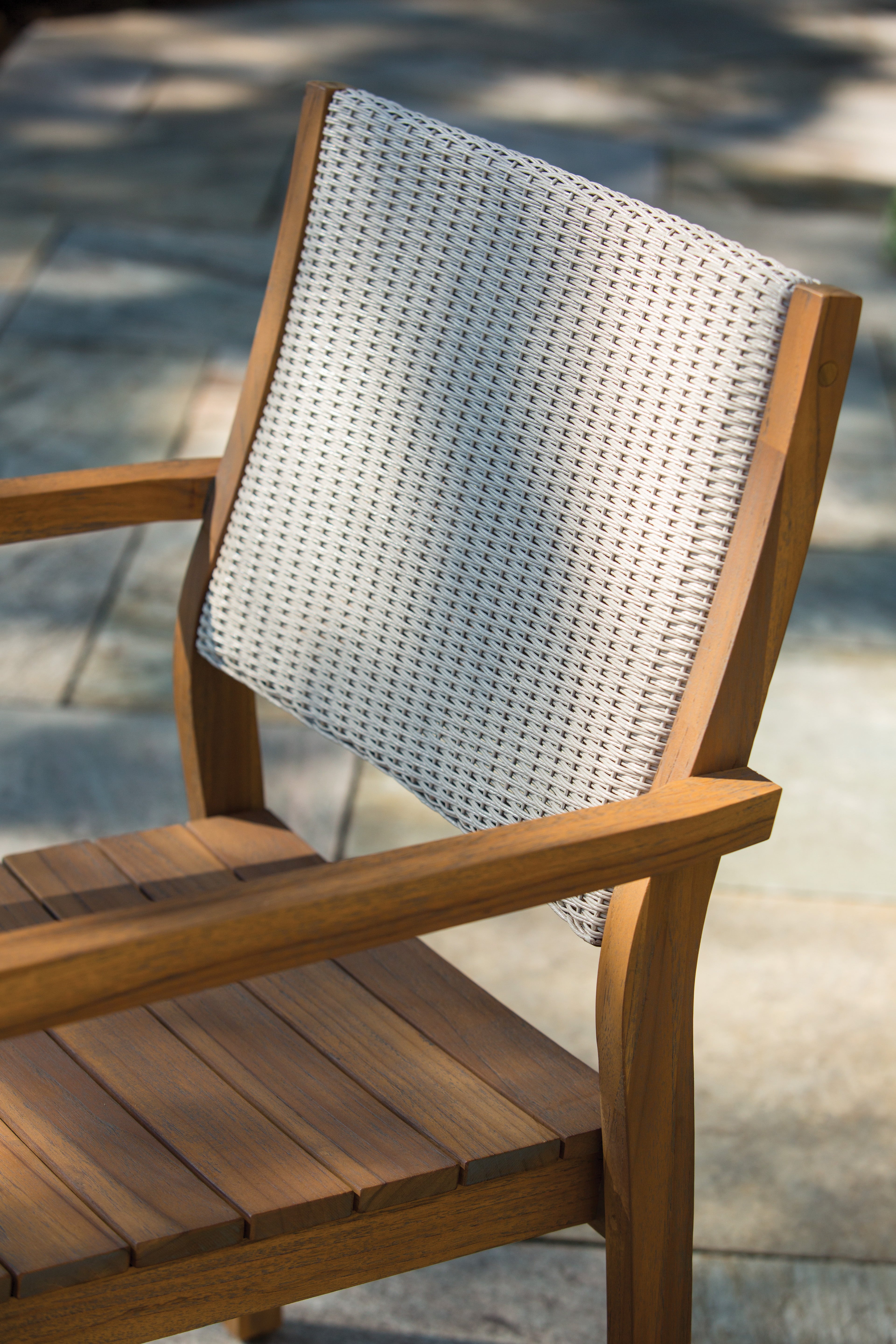 Lloyd Flanders Teak Loom Back Teak Dining Armchair with Luna Mist fabric