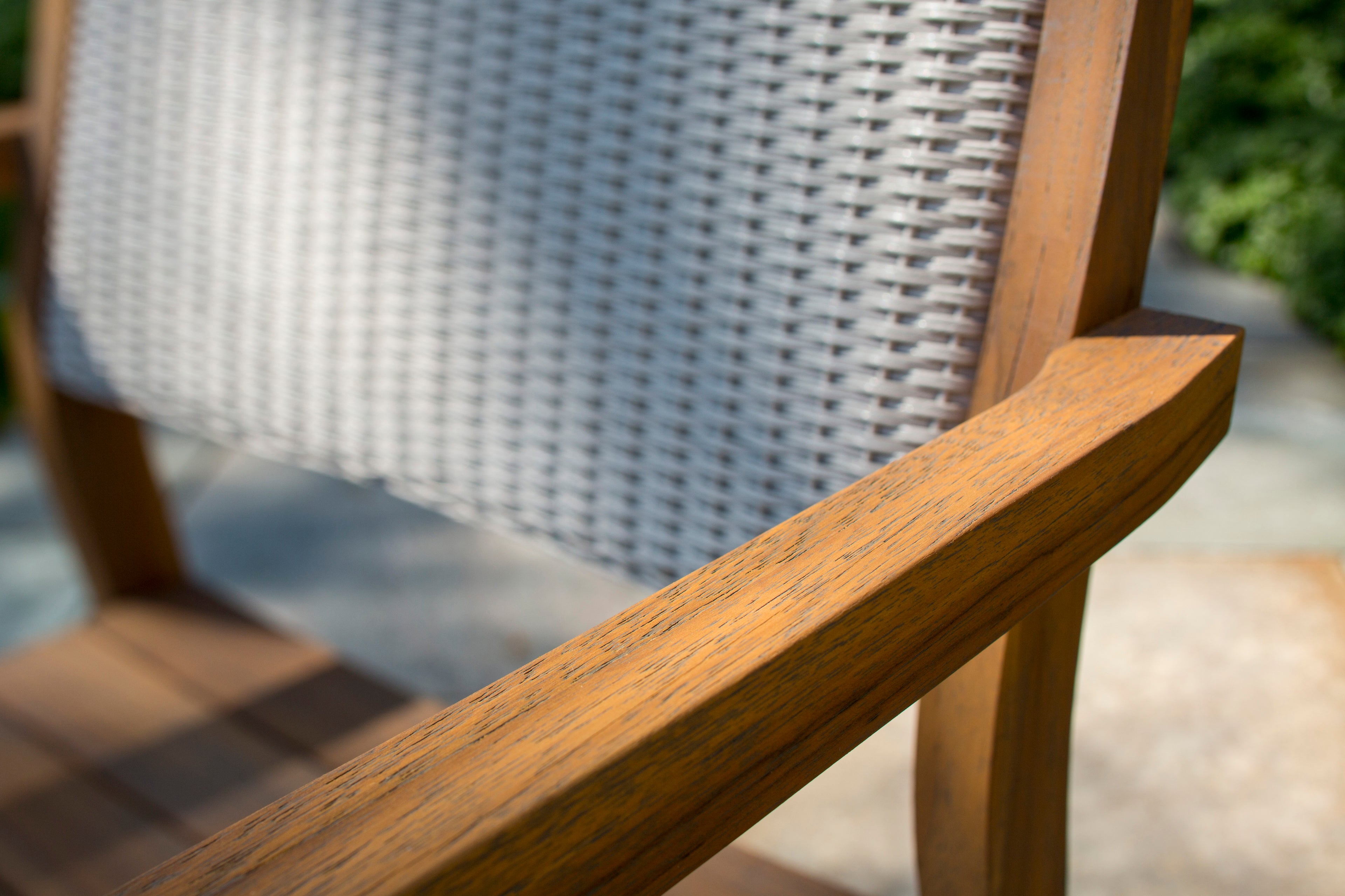 Lloyd Flanders Teak Loom Back Teak Dining Armchair with Luna Mist fabric