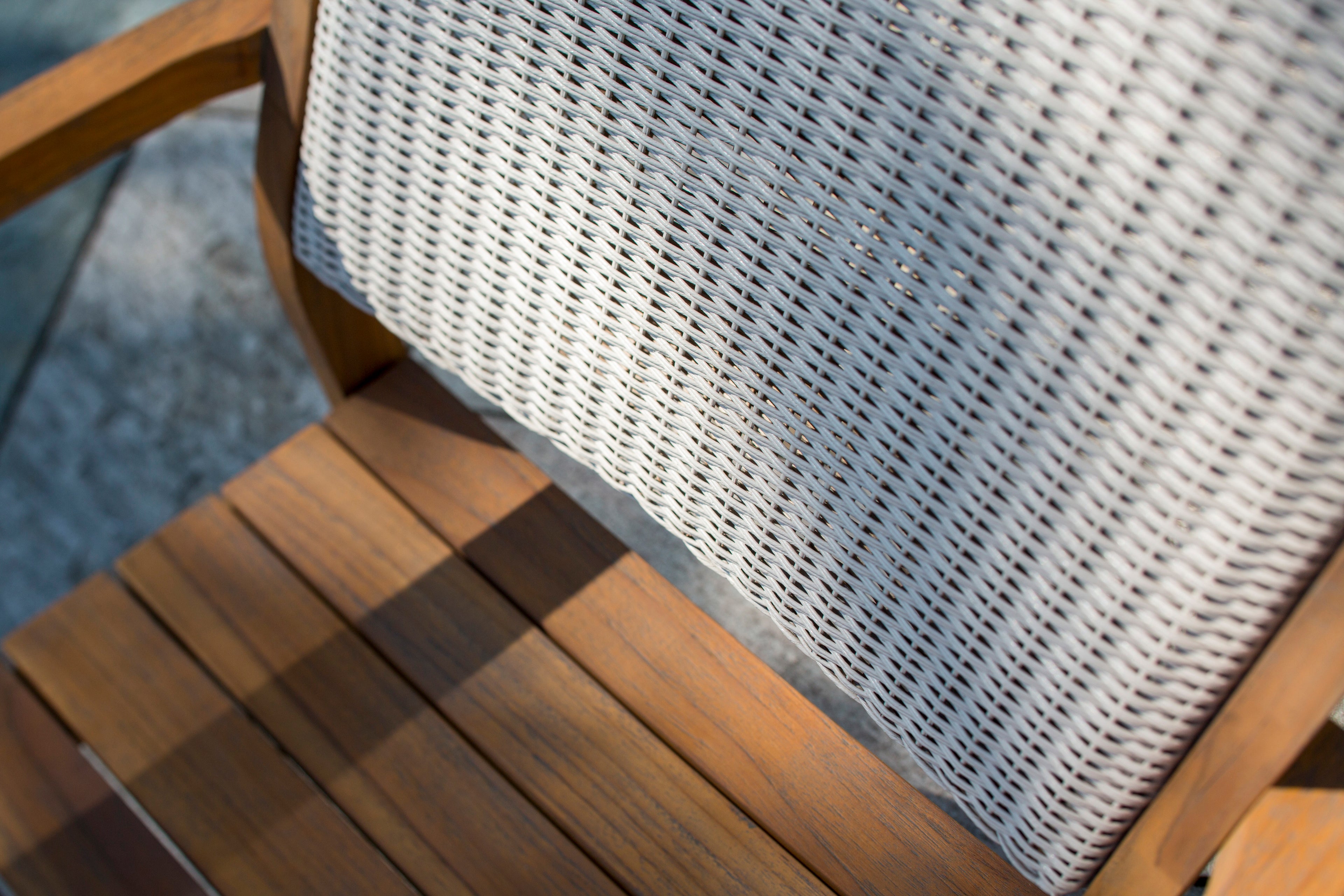 Lloyd Flanders Teak Loom Back Teak Dining Armchair with Luna Mist fabric