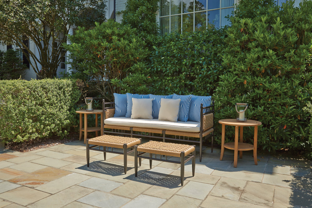 Lloyd Flanders Teak 24" Round Tapered Leg End Table with Shelf in Antique Gray Finish